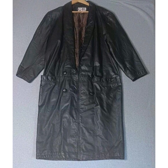 G-III Jackets & Blazers - VTG G III Double Breasted Full Length Leather Trench Coat L Black Matrix Grunge